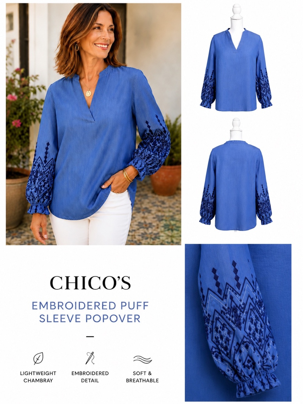 Chico's chambray popover top with embroidered puff sleeves. XL